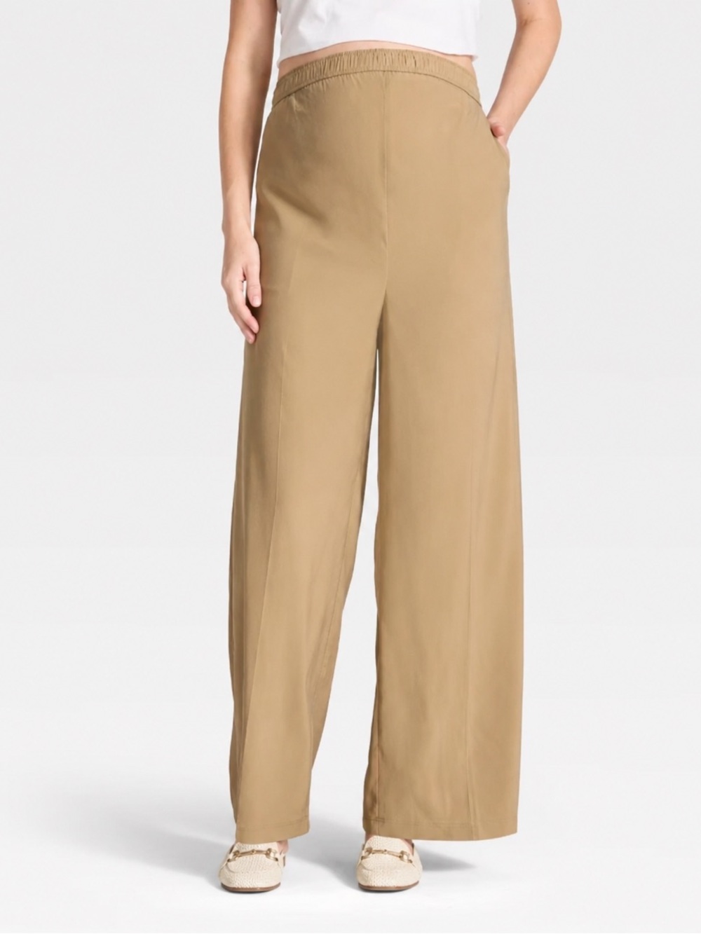 Isabel Maternity Over Belly High-Rise Wide Leg Pull-On Pants Tan Size M